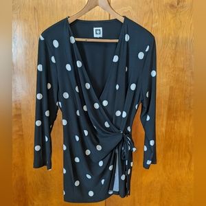 Anne Klein Printed Faux Wrap Top Black With White Dots, Large